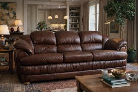 Brązowa skórzana sofa trzyosobowa w klasycznym salonie z drewnianym stolikiem i dekoracjami