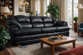 Czarna skórzana sofa w klasycznym salonie z drewnianym stolikiem i roślinami