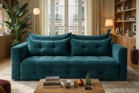 Turkusowa sofa z poduszkami w nowoczesnym salonie z dużymi oknami i drewnianymi meblami przedstawiająca wizualizacje mebli tapicerowanych