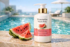 Balsam do ciała z arbuzem i niacynamidem obok plasterków arbuza przy basenie