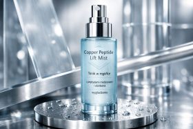 Butelka toniku w mgiełce z peptydami miedziowymi na metalowej powierzchni