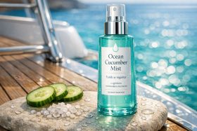 Butelka toniku w mgiełce z ogórkiem na tle morza i pokrojone plasterki ogórka