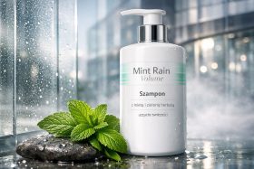Biały pojemnik z pompką szamponu Mint Rain Volume obok świeżych liści mięty na mokrej powierzchni