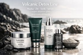 Zestaw kosmetyków Volcanic Detox Line z węglem aktywnym i glinką na tle skalistego wybrzeża będąca przykładem na wizualizacje produktowe