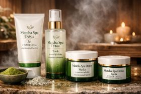 Zestaw kosmetyków Matcha Spa Detox z zieloną herbatą i glinką na kamiennym blacie