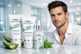 Zestaw kosmetyków do pielęgnacji męskiej z aloesem i miętą na blacie z mężczyzną w tle