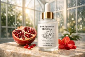 Butelka serum do twarzy z ekstraktem z granatu i hibiskusa na marmurowej powierzchni