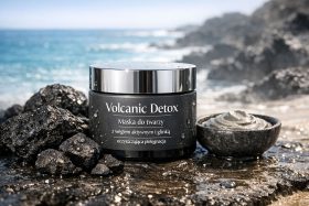 Czarny słoik maski do twarzy Volcanic Detox na kamieniach wulkanicznych nad morzem