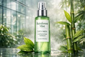 Zielona butelka toniku w mgiełce z zieloną herbatą i bambusem na tle roślin będąca przykładem na wizualizacje produktowe