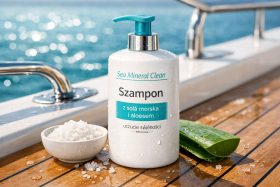 Biały szampon z solą morską i aloesem na drewnianym pokładzie przy wodzie