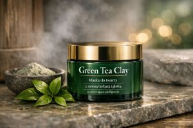 Zielona maska do twarzy z glinką i zieloną herbatą w szklanym słoiku z złotą pokrywką będąca przykładem na wizualizacje produktowe