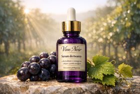 Fioletowa butelka serum do twarzy z pipetą obok winogron i liści winorośli