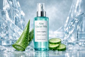 Butelka toniku w mgiełce z aloesem i ogórkiem na tle lodu i świeżych składników