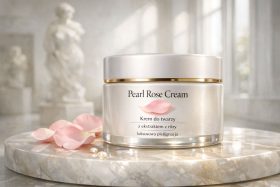 Słoik kremu do twarzy Pearl Rose Cream z różowymi płatkami na marmurowej powierzchni