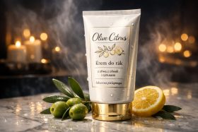 Tubka kremu do rąk Olive Citrus z oliwkami i cytryną na marmurowym blacie