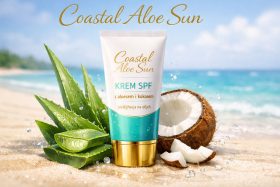Krem SPF z aloesem i kokosem na plaży z liśćmi aloesu i połówką kokosa