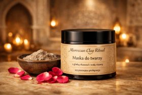 Słoik maski do twarzy z glinką rhassoul i wodą różaną na marmurowym blacie