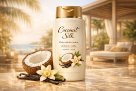 Butelka odżywki do włosów z kokosem i wanilią na tle tropikalnym