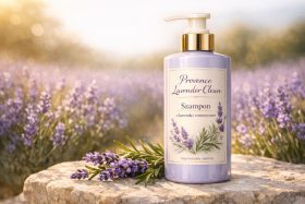 Butelka fioletowego szamponu z lawendą i rozmarynem na kamieniu będąca przykładem na wizualizacje produktowe