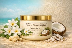 Balsam do ciała z olejem Monoi i kokosem na piasku z kwiatami i połówkami kokosa