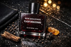 Butelka perfum Noir Boulevard Flash Boulevard z kroplami wody na czarnym tle