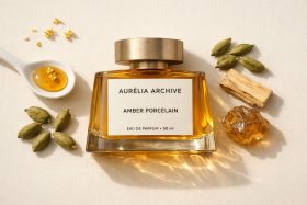 Butelka perfum Aurélia Archive Amber Porcelain z naturalnymi składnikami na jasnym tle