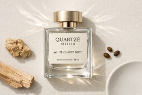 Butelka perfum Quartzé Atelier White Quartz Note z złotą nakrętką na jasnym tle