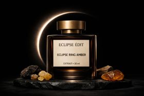 Butelka perfum Eclipse Ring Amber z bursztynowymi żywicami na czarnym tle