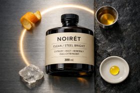 Butelka oleju cytrynowego Noirét 300 ml z cytrusową skórką i kroplą oleju na talerzyku