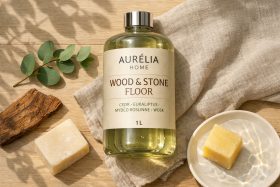 Butelka oleju do podłóg z cedrem i eukaliptusem na drewnianym stole