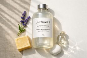 Butelka płynu do prania z lawendą i mydłem marsylskim na jasnym tle