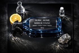 Butelka sprayu do czyszczenia luster z cytryną i kamieniem na czarnym tle