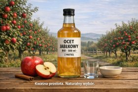 Butelka ekologicznego octu jabłkowego 500 ml na drewnianym stole z jabłkami i laską cynamonu