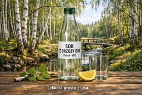 Butelka soku z brzozy bio na drewnianym stole z gałązką i plasterkiem cytryny będąca przykładem na wizualizacje produktowe