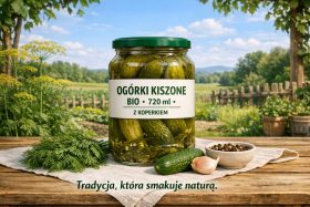 Słoik ekologicznych ogórków kiszonych z koperkiem na drewnianym stole na tle ogrodu