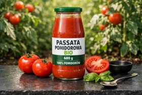 Słoik passaty pomidorowej bio z pomidorami i bazylią na stole w ogrodzie