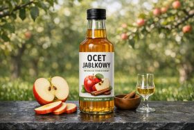 Butelka naturalnie fermentowanego octu jabłkowego z plasterkami jabłka i cynamonem na stole