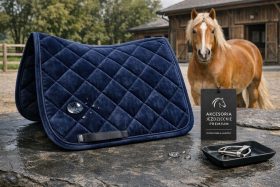 Granatowa podkładka pod siodło z kroplami wody na kamieniu obok konia