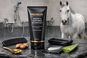 Czarna tubka regenerującej maski i odżywki z naturalnymi składnikami i koniem w tle