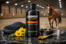 Butelka linimentu dla koni z kwiatami i łyżką na stole w stajni z koniem w tle