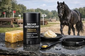 Balsam antyotarciowy do ochrony koni na stole z czarnym koniem w tle