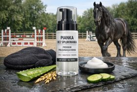 Butelka pianki do pielęgnacji konia z aloesem i ogórkiem na stole, koń w tle będąca przykładem na wizualizacje produktowe