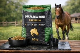 Worek paszy dla koni 20 kg z miską i koniem w tle na zewnątrz będący przykładem na wizualizacje produktowe