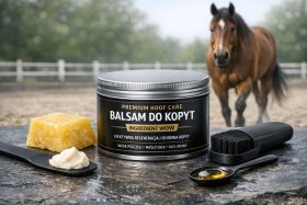 Balsam do kopyt z naturalnymi składnikami i szczotka, koń w tle na pastwisku