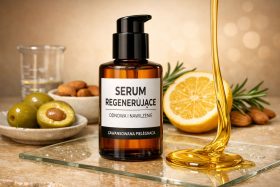 Butelka serum regenerującego z pompką na tle oliwek, migdałów i cytryny będąca przykładem na wizualizacje produktowe