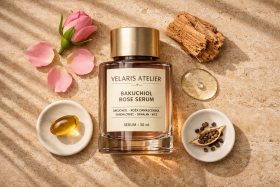 Butelka serum Bakuchiol Rose z różą i naturalnymi składnikami na kamiennym tle