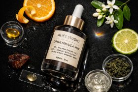 Butelka serum kosmetycznego z pipetą i składnikami naturalnymi na czarnym tle