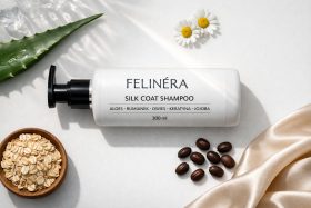 Biały pojemnik szamponu Felinéra z dozownikiem i naturalnymi składnikami wokół