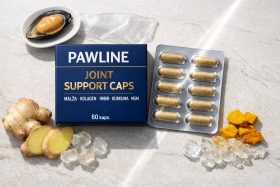 Opakowanie i kapsułki suplementu Pawline Joint Support z naturalnymi składnikami