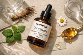 Butelka kropli uspokajających FurMuse z naturalnymi składnikami na tle ziołami i miodem